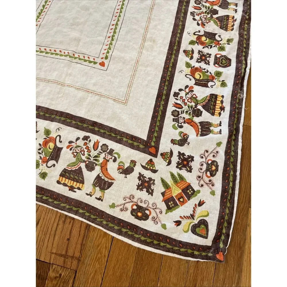 Vintage‎ Pennsylvania Dutch Folk Art Linen Tablecloth 43x75 Amish Couple *READ